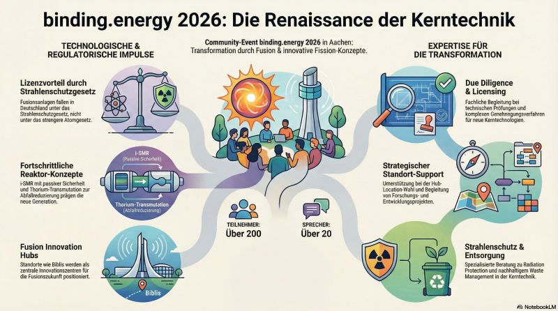 Infografik mit dem Titel „binding.energy 2026: Die Renaissance der Kerntechnik“; zentrales Motiv zeigt ein Community-Event mit sitzenden Personen und einer Sonnensymbolik, rundherum sechs Themenfelder mit Icons und kurzen Beschriftungen (z. B. „Lizenzvorteil durch Strahlenschutzgesetz“, „Fortschrittliche Reaktor‑Konzepte“, „Fusion Innovation Hub“, „Due Diligence & Licensing“, „Strategischer Standort‑Support“, „Strahlenschutz & Entsorgung“); unten Angaben „Teilnehmer: Über 200“ und „Sprecher: Über 20“.