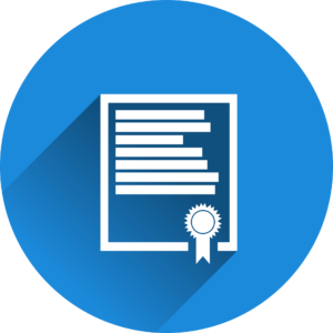 Icon: Dokument mit Textzeilen und einem Auszeichnungs-/Qualitätssiegel.