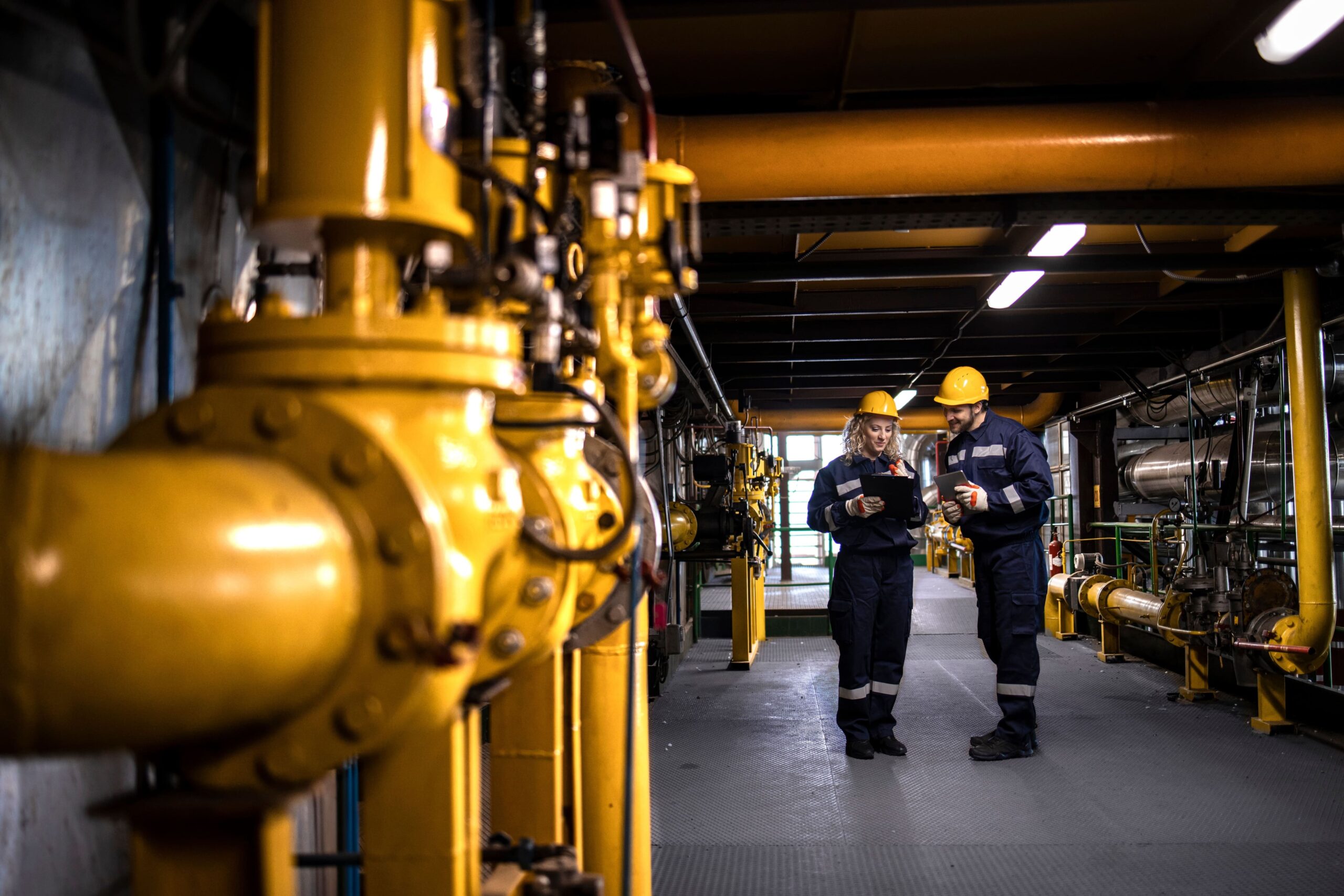 Industrieanlage im Maschinenraum: gelb lackierte Rohrleitungen und Ventile, zwei Personen mit Schutzhelm und Schutzkleidung, die zu einer Kontrollstelle gehen.