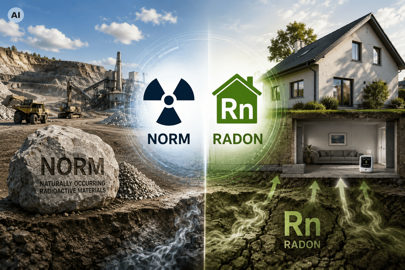 Illustration zum Thema Radon: Links ein Steinbruch mit einem Felsbrocken mit der Aufschrift „NORM“ für natürlich vorkommende radioaktive Materialien; rechts ein Wohnhaus mit dem Radon-Symbol „Rn“. Pfeile zeigen, wie Radon aus dem Boden in das Gebäude aufsteigen kann.